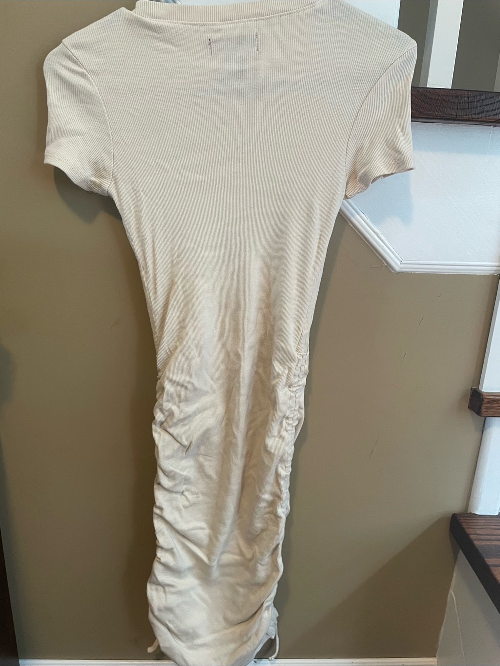 Cream Ribbed Short Sleeve Ruched Midi Dress - Picture 3 of 4